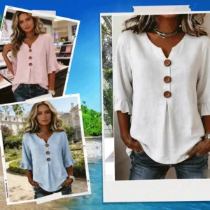 Solid-Color Cotton-Linen Wooden Buttons Ruffles Blouses
