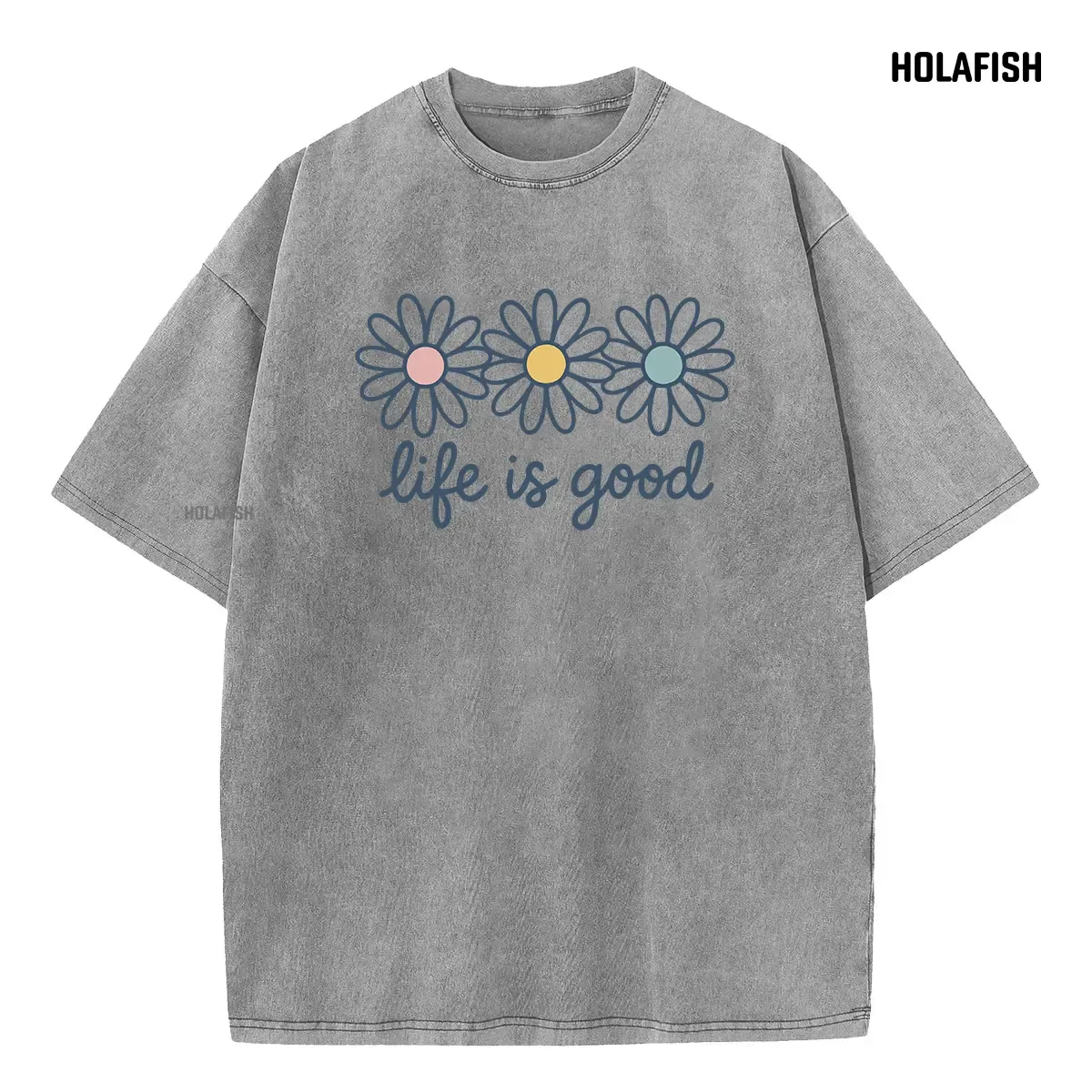 Holafish Acid Wash Cotton T-Shirt with Daisy Print Drop Shoulder Design for Vintage Streetwear Unisex Baggy Hip Hop Style Acid Washed Graphic TeeMother's Day Gift - Image 3