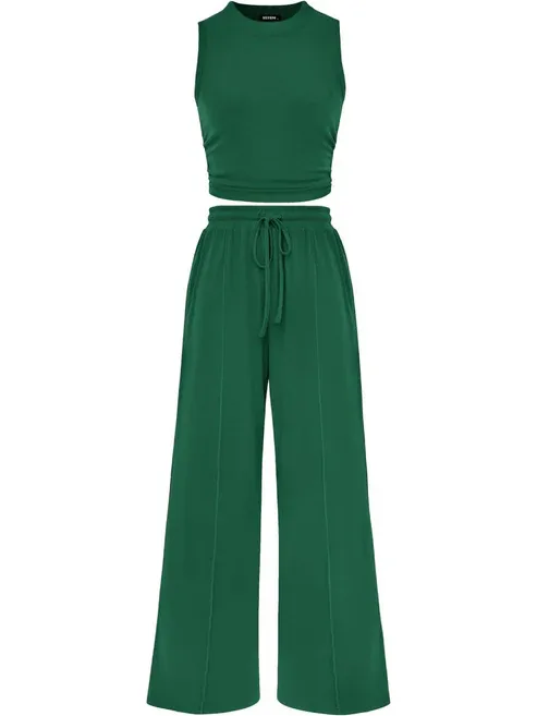 🔥Women Sleeveless Cropped Top Elastic Waist Wide Leg Pants 2 Piece Set - Image 15
