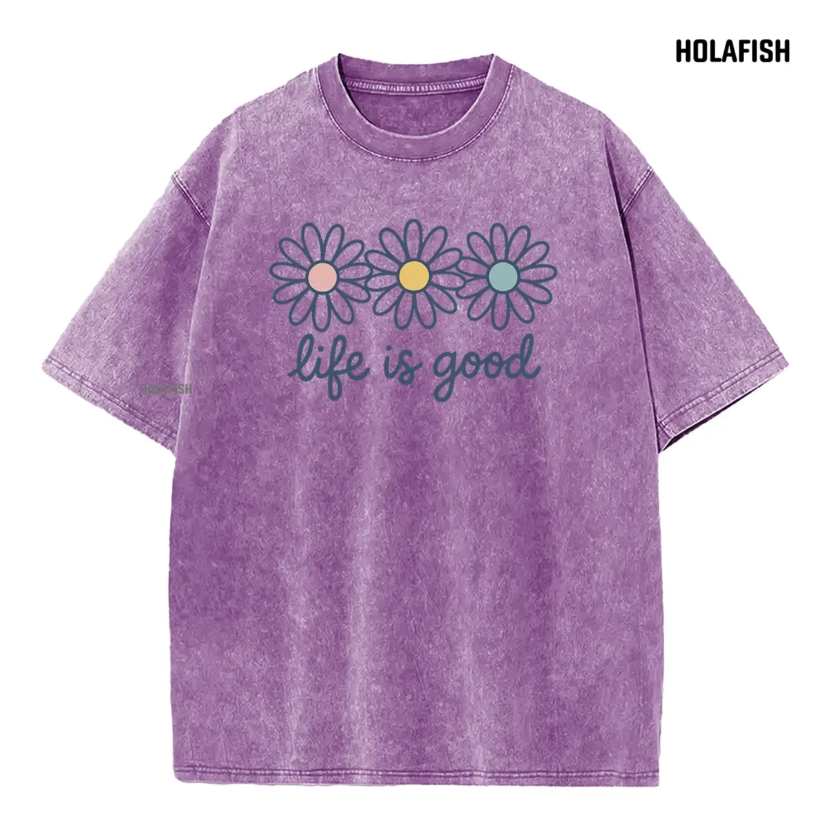 Holafish Acid Wash Cotton T-Shirt with Daisy Print Drop Shoulder Design for Vintage Streetwear Unisex Baggy Hip Hop Style Acid Washed Graphic TeeMother's Day Gift - Image 6