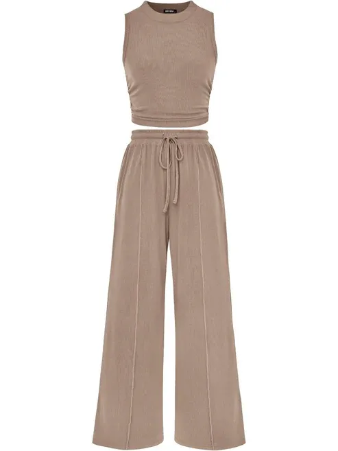 🔥Women Sleeveless Cropped Top Elastic Waist Wide Leg Pants 2 Piece Set - Image 3