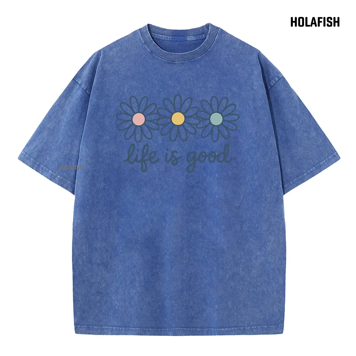 Holafish Acid Wash Cotton T-Shirt with Daisy Print Drop Shoulder Design for Vintage Streetwear Unisex Baggy Hip Hop Style Acid Washed Graphic TeeMother's Day Gift - Image 8