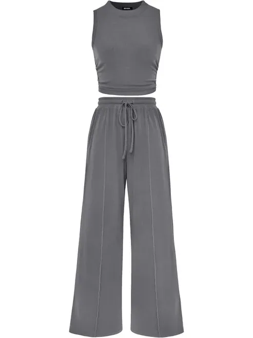 🔥Women Sleeveless Cropped Top Elastic Waist Wide Leg Pants 2 Piece Set - Image 10