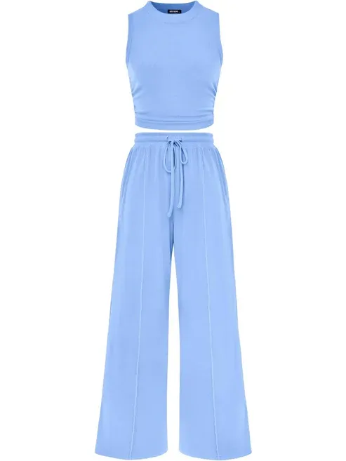 🔥Women Sleeveless Cropped Top Elastic Waist Wide Leg Pants 2 Piece Set - Image 11