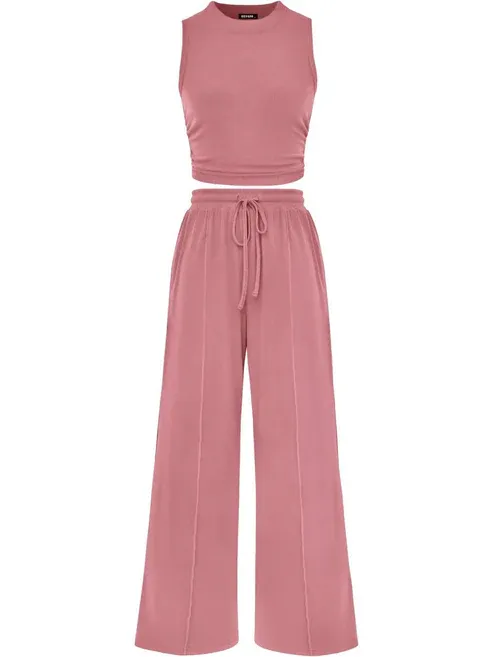 🔥Women Sleeveless Cropped Top Elastic Waist Wide Leg Pants 2 Piece Set - Image 13