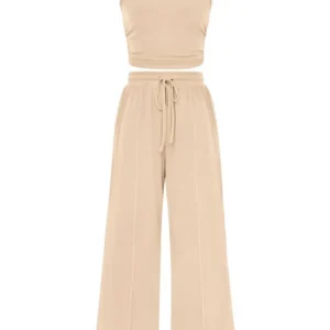 🔥Women Sleeveless Cropped Top Elastic Waist Wide Leg Pants 2 Piece Set