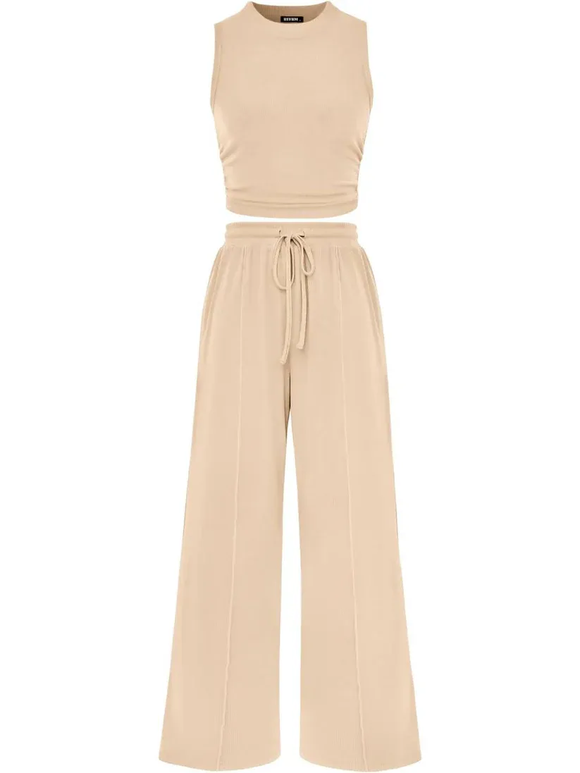🔥Women Sleeveless Cropped Top Elastic Waist Wide Leg Pants 2 Piece Set