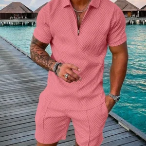 Men's Seaside Leisure Pink Printing Polo Suit