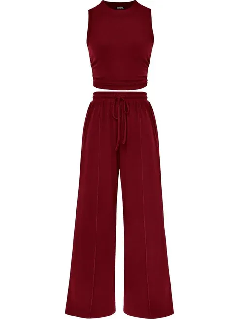 🔥Women Sleeveless Cropped Top Elastic Waist Wide Leg Pants 2 Piece Set - Image 12
