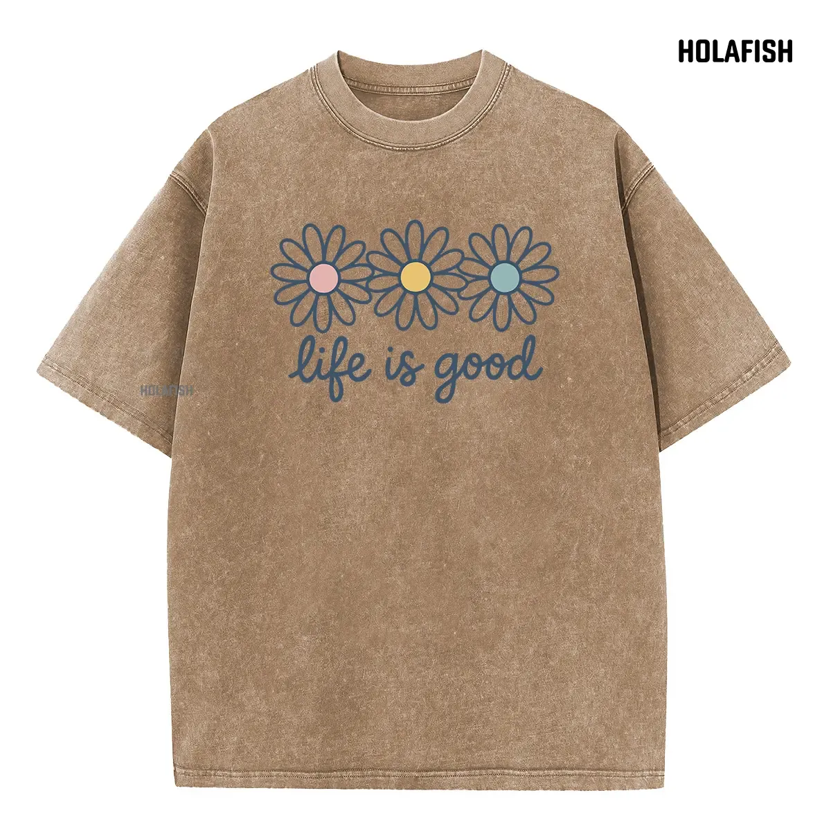Holafish Acid Wash Cotton T-Shirt with Daisy Print Drop Shoulder Design for Vintage Streetwear Unisex Baggy Hip Hop Style Acid Washed Graphic TeeMother's Day Gift - Image 7