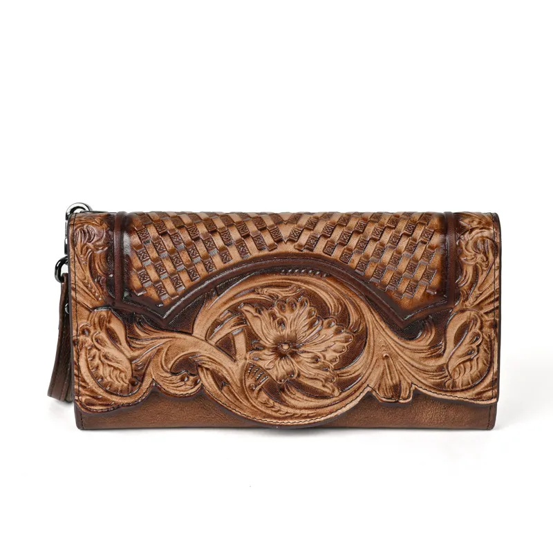 Genuine Leather Hand-Tooled Vintage Floral Wallet – Western Style Clutch & Wristlet - Image 7