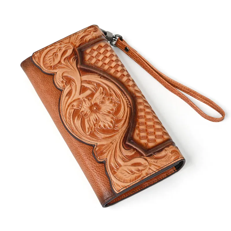 Genuine Leather Hand-Tooled Vintage Floral Wallet – Western Style Clutch & Wristlet - Image 5