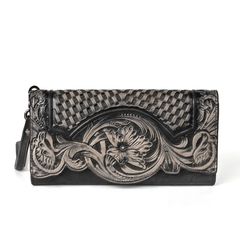 Genuine Leather Hand-Tooled Vintage Floral Wallet – Western Style Clutch & Wristlet - Image 8