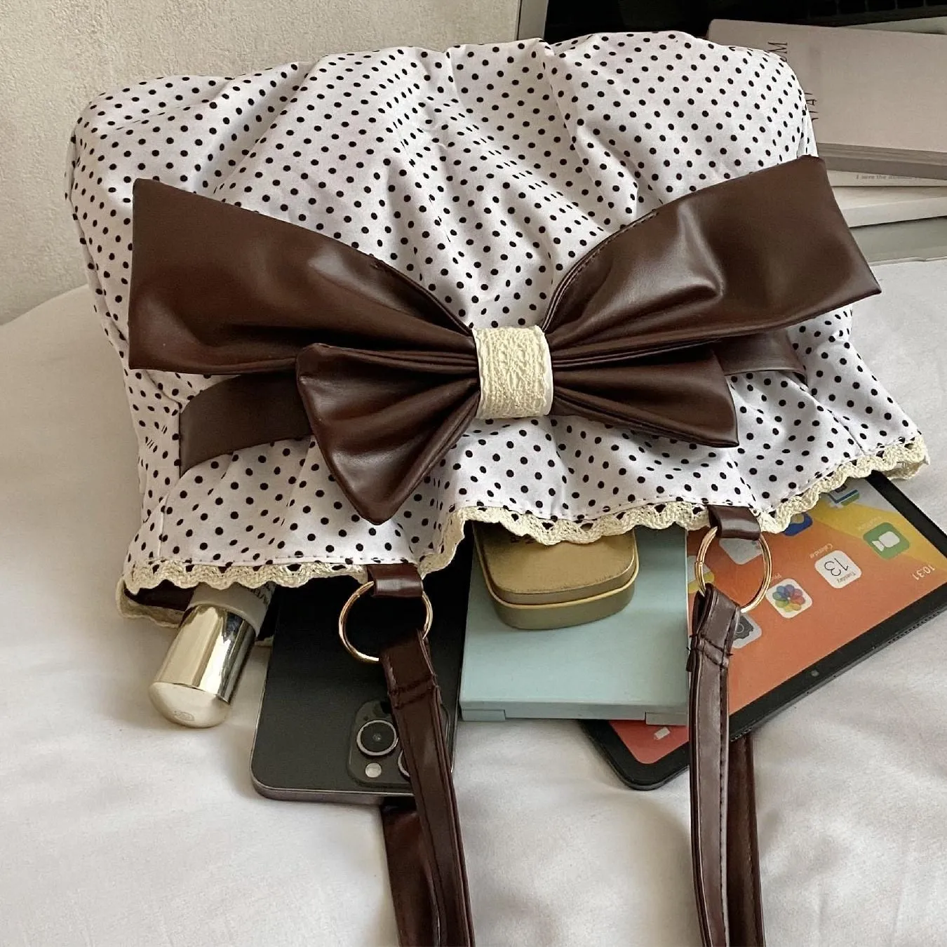 🔥49% OFF - 🎀🖤 Trendy Polka-Dot Bow Tote Bag - Image 5
