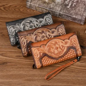 Genuine Leather Hand-Tooled Vintage Floral Wallet – Western Style Clutch & Wristlet