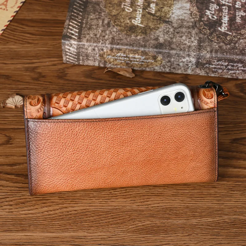 Genuine Leather Hand-Tooled Vintage Floral Wallet – Western Style Clutch & Wristlet - Image 2