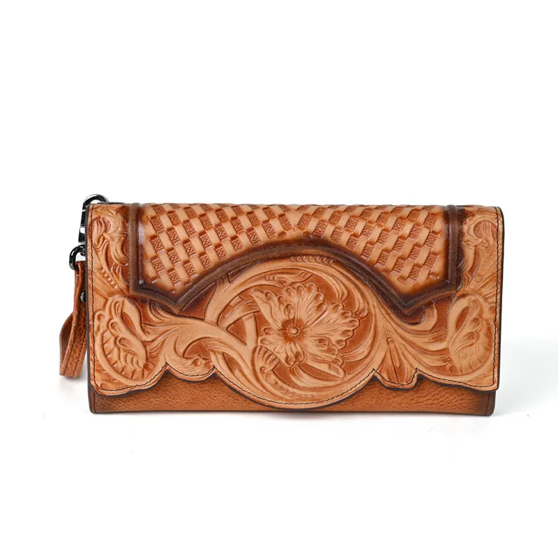 Genuine Leather Hand-Tooled Vintage Floral Wallet – Western Style Clutch & Wristlet - Image 9