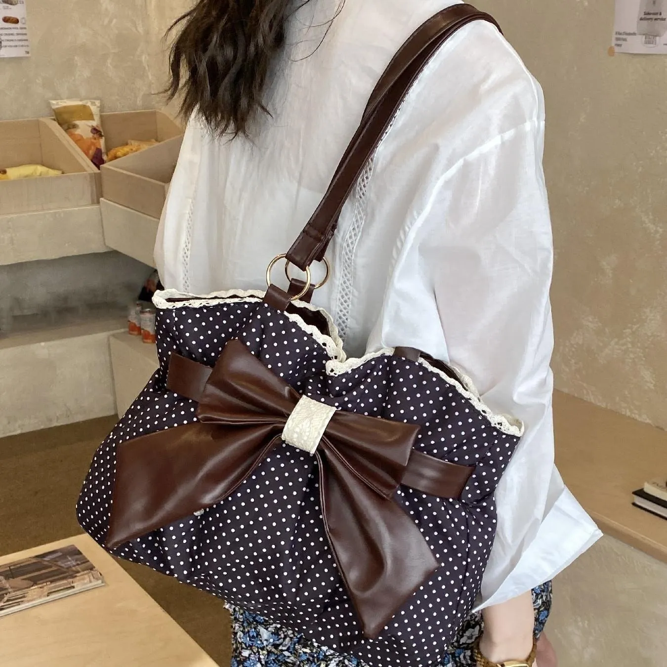 🔥49% OFF - 🎀🖤 Trendy Polka-Dot Bow Tote Bag - Image 2