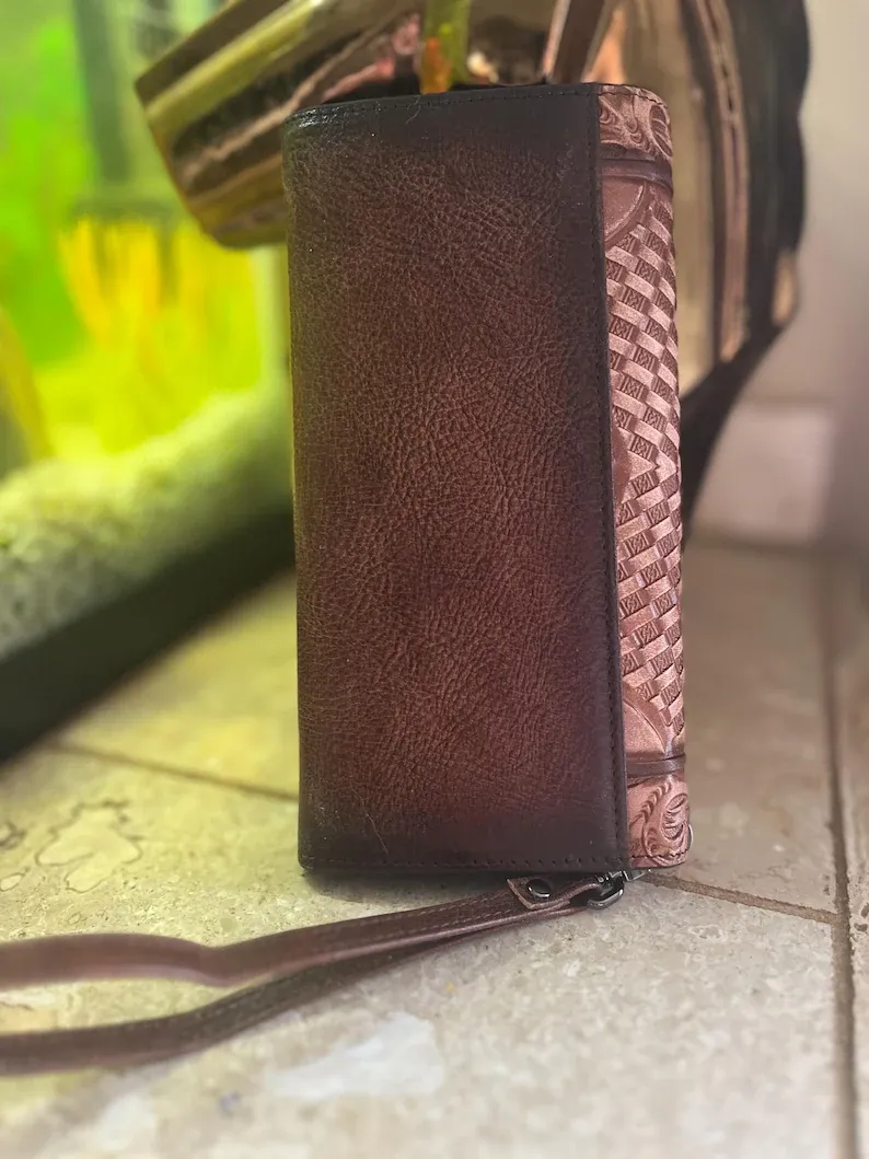 Genuine Leather Hand-Tooled Vintage Floral Wallet – Western Style Clutch & Wristlet - Image 6